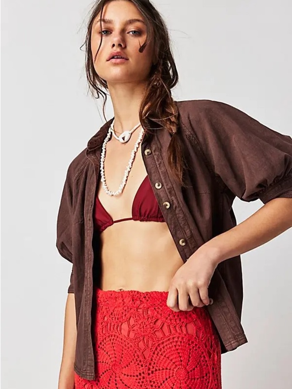 We The Free Ellie Button-Front Top Brown Size XS